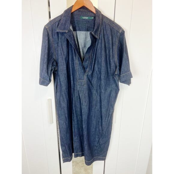 Lauren Ralph Lauren Denim V-Neck Collared Shift Dress Blue XXL | Classic Jean - Picture 2 of 11